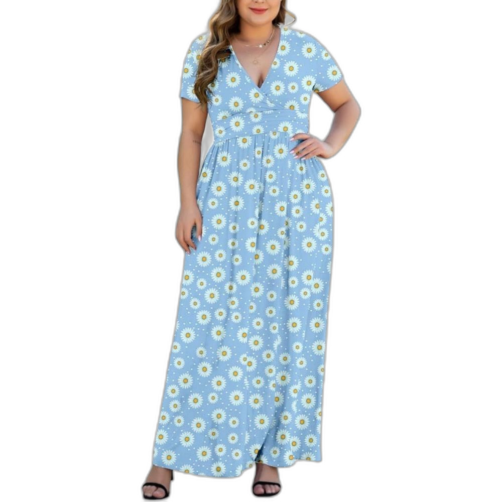 Women’s dress floral light blue Short Sleeve Maxi Plus Size Casual sundress 3XL